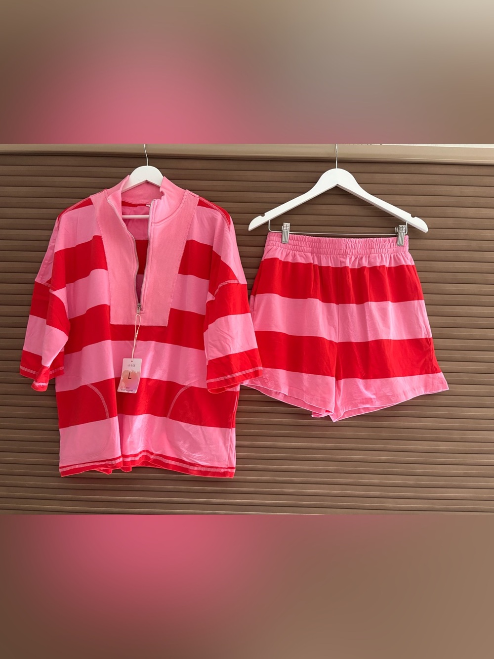Pink and Red Striped Short Zip Set